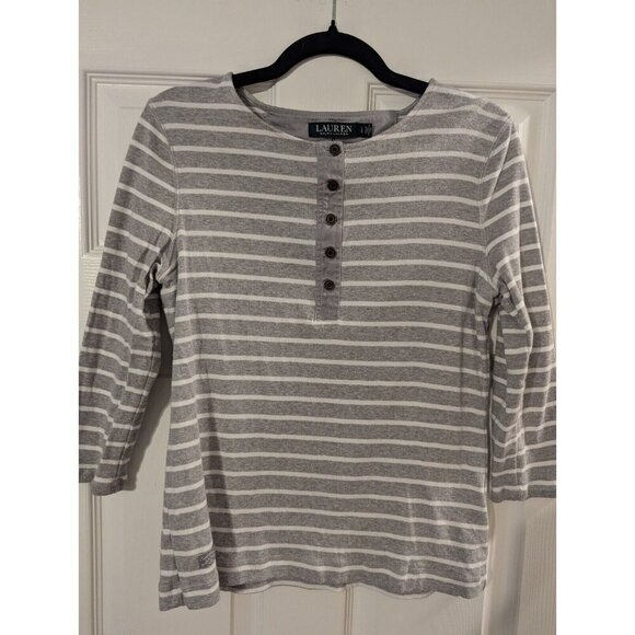 Lauren Ralph Lauren Women's Grey & White Striped 3/4 Sleeve Shirt Large - Picture 1 of 5